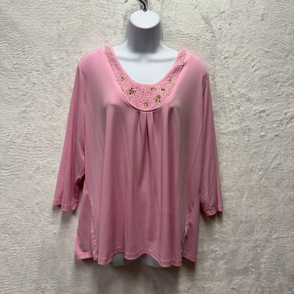 Susan Graver Liquid Stretch Beaded Top Womens 1X Pink Crystal Pleated Fancy Diva